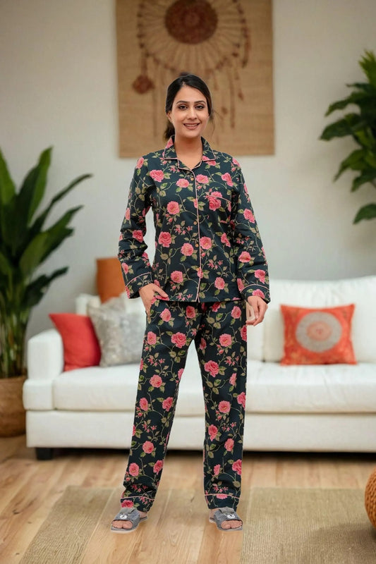 Women Night Suit Set Green Printed