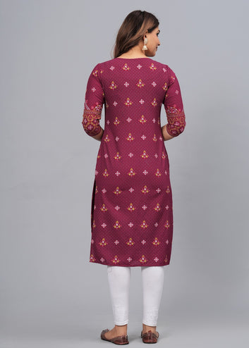 Floral Printed Mirror & Resham Embroidered Kurta - Maroon