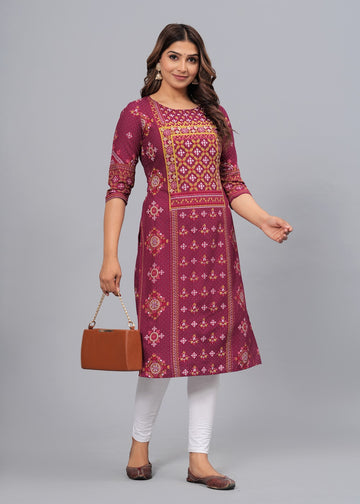 Floral Printed Mirror & Resham Embroidered Kurta - Maroon