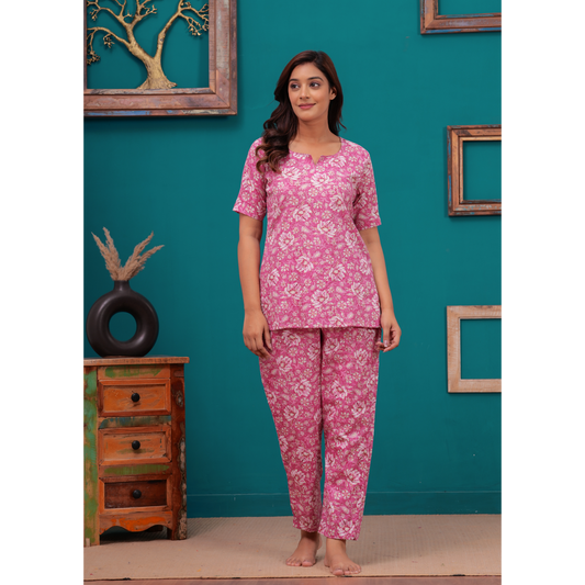 Cotton Night Suit Set of Kurta & Pajama (Pink)