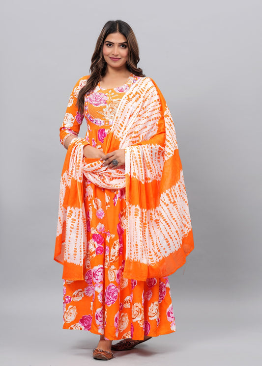 ENERGETIC ORANGE FLORAL EMBROIDERED RAYON LONG ANARKALI KURTI DUPATTA READYMADE SALWAR KAMEEZ SUIT