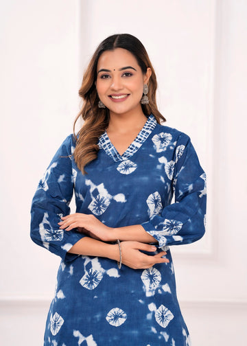 Jaipuri Rayon Printed Straight Rayon Blue Kurta With Gather Salwar Pant Set For Women | Kurta with Salwar set for women