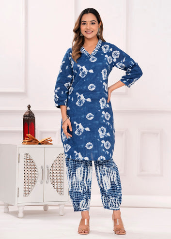 Jaipuri Rayon Printed Straight Rayon Blue Kurta With Gather Salwar Pant Set For Women | Kurta with Salwar set for women