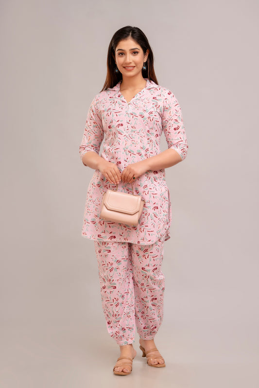 PINK FLORAL PRINTED PUNJABI STYLE CO-ORD SET TRENDY KURTI PANT SET ONLINE DRESS