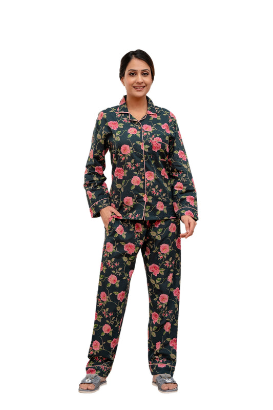 Women Night Suit Set Green Printed