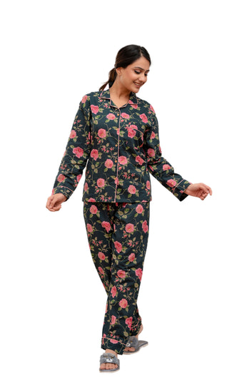 Women Night Suit Set Green Printed