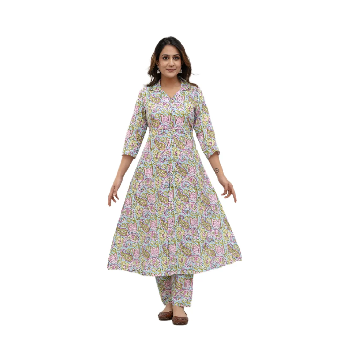 Sanganeri Cloth Cotton Kurti with Pant Set Co-Ord Set(White)