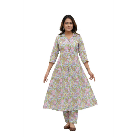 Sanganeri Cloth Cotton Kurti with Pant Set Co-Ord Set(White)