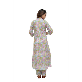 Sanganeri Cloth Cotton Kurti with Pant Set Co-Ord Set(White)