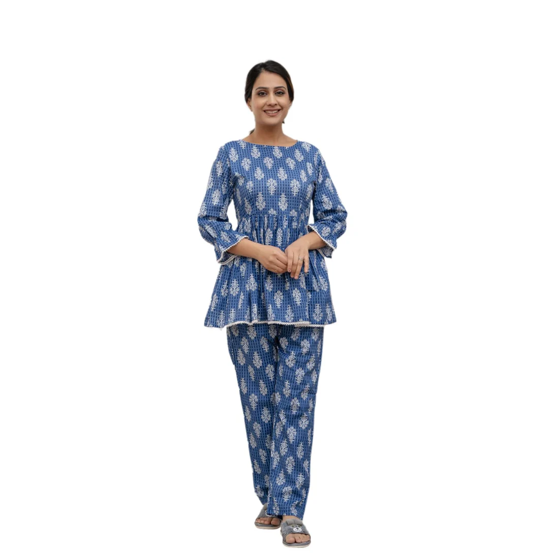 Sanganeri Cloth Cotton Top with bottom Co-ord set (Blue)