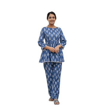 Sanganeri Cloth Cotton Top with bottom Co-ord set (Blue)