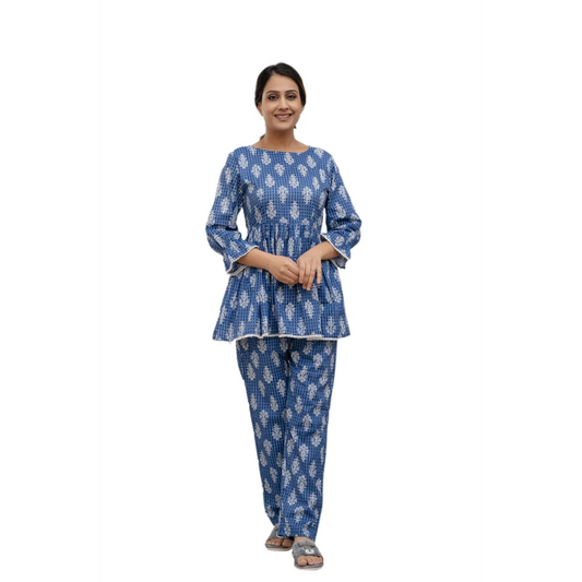 Sanganeri Cloth Cotton Top with bottom Co-ord set (Blue)