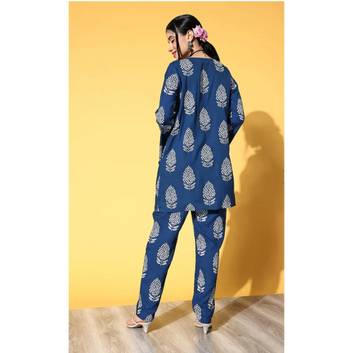 Sanganeri Cloth Cotton Style Top with Pant Set (Blue)