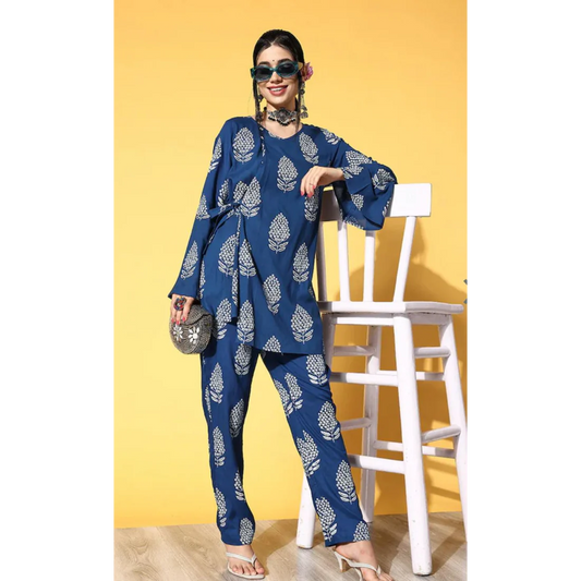 Sanganeri Cloth Cotton Style Top with Pant Set (Blue)