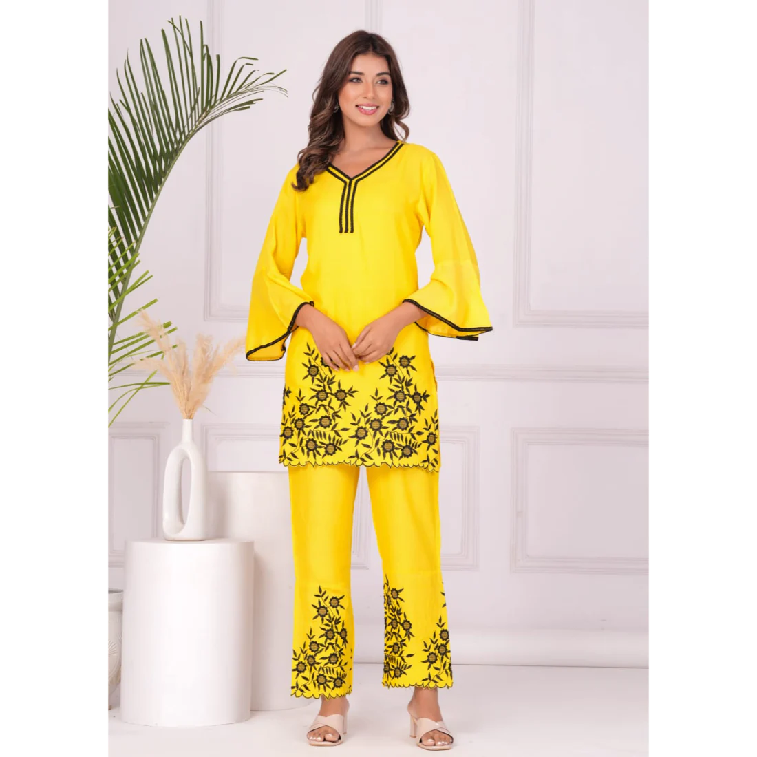 Sanganeri Cloth Cotton Top with Bottom Co-ord set (Yellow)