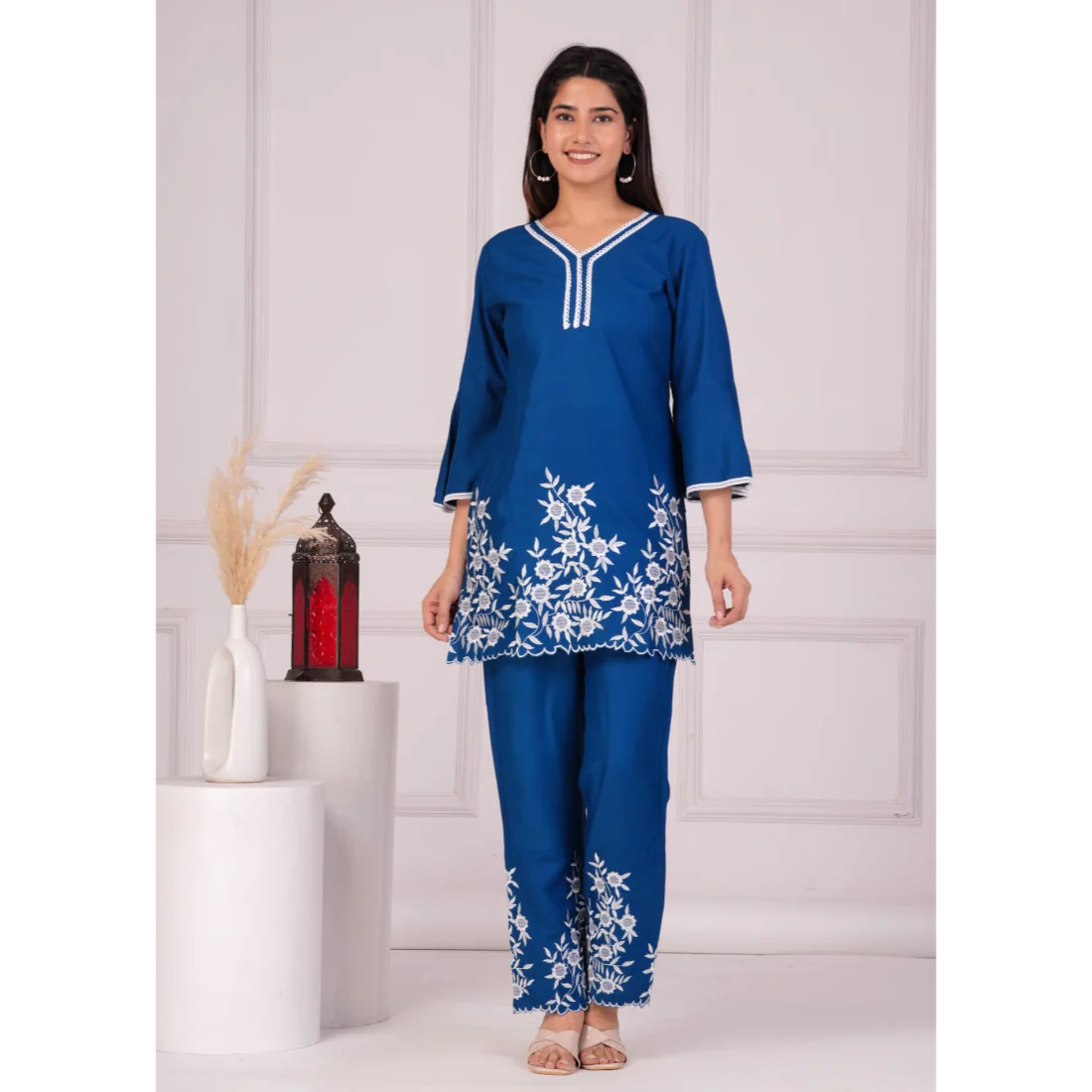 Sanganeri Cloth Cotton Top with Bottom Co-ord set (Blue)