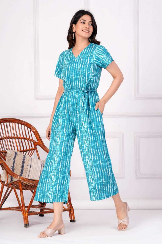 Rayon Printed Jumpsuits for Women (Blue)